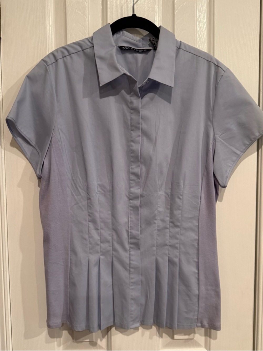 Zac & Rachel Pale Blue Short Sleeve Pleated Button-Up Blouse-Stretch